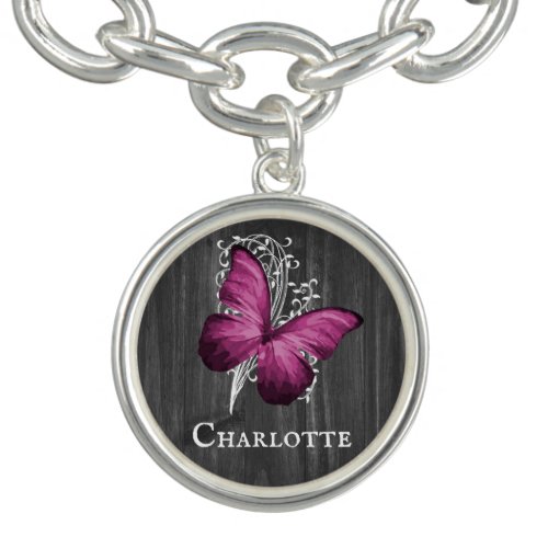 Magenta Rustic Butterfly Personalized Bracelet