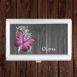 Magenta Rustic Butterfly Personalized Business Card Case<br><div class="desc">Store your business cards with a Magenta Rustic Butterfly Personalized Business Card Holder. Business card holder design features a butterfly against a white leaf vine and dark gray wooden background with a place to personalize with your name. Additional items available with this design as well. Please contact me directly for...</div>