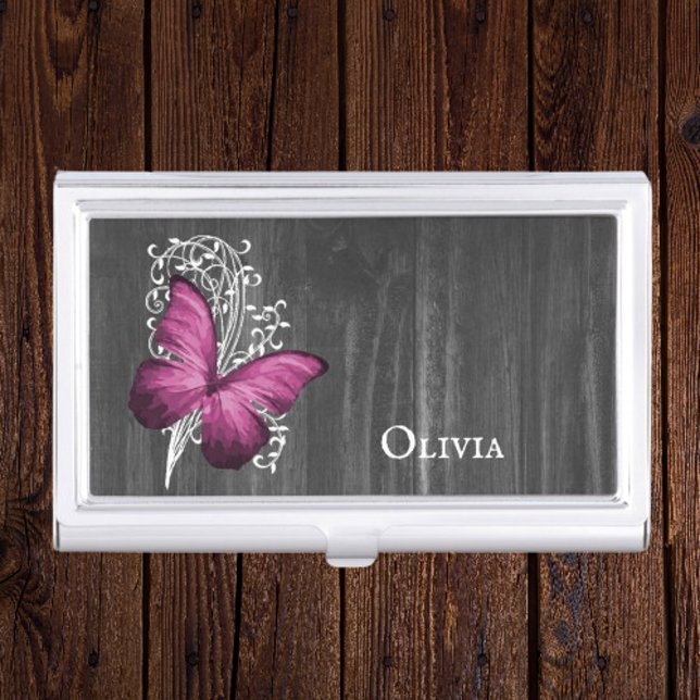 Magenta Rustic Butterfly Personalized Business Card Case (Magenta Rustic Butterfly Personalized Business Card Case)