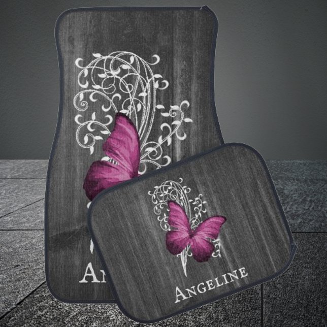 Magenta Rustic Butterfly Personalized Car Floor Mat (Magenta Rustic Butterfly Personalized Car Mats)