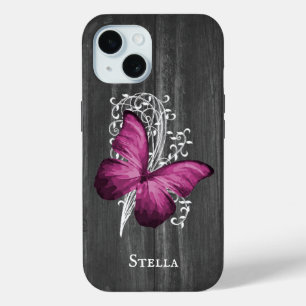 Magenta Rustic Butterfly Personalized iPhone 15 Case