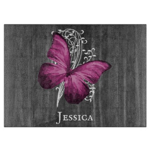 Magenta Rustic Butterfly Personalized Cutting Board