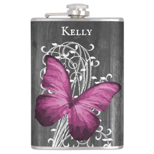 Magenta Rustic Butterfly Personalized Flask