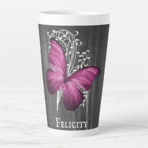 Magenta Rustic Butterfly Personalized Latte Mug