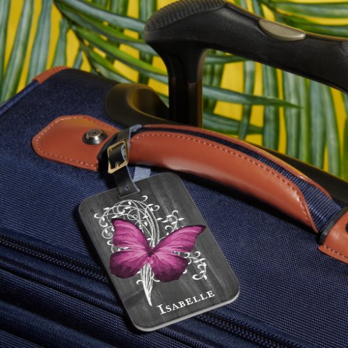 Magenta Rustic Butterfly Personalized Luggage Tag