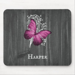 Magenta Rustic Butterfly Personalized Mouse Pad