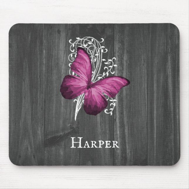 Magenta Rustic Butterfly Personalized Mouse Pad (Front)