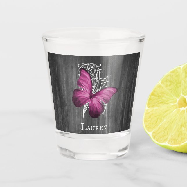 Magenta Rustic Butterfly Personalized Shot glass (Front)