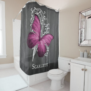 Magenta Rustic Butterfly Personalized Shower Curtain