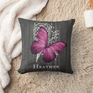 Magenta Rustic Butterfly Personalized Throw Pillow