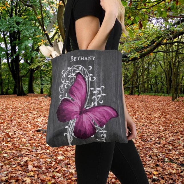 Magenta Rustic Butterfly Personalized Tote Bag (Magenta Rustic Butterfly Personalized Tote Bag)