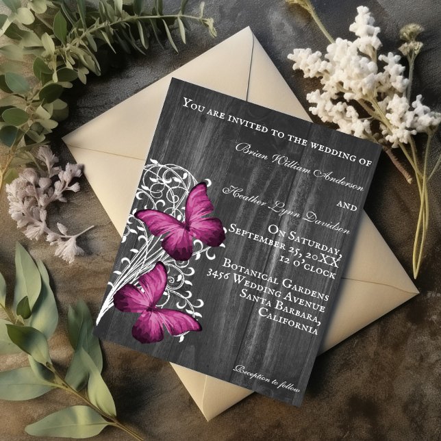 Magenta Rustic Butterfly Wedding Invitation (Magenta Rustic Butterfly Wedding Invitation)