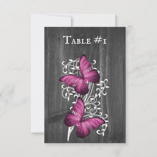 Magenta Rustic Butterfly Wedding Table Card (Front)