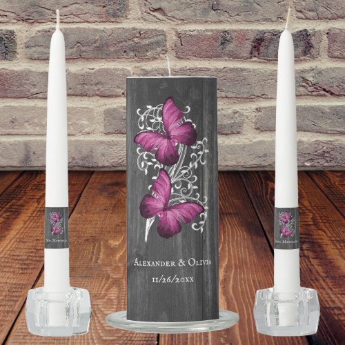 Magenta Rustic Butterfly Wedding Unity Candle Set