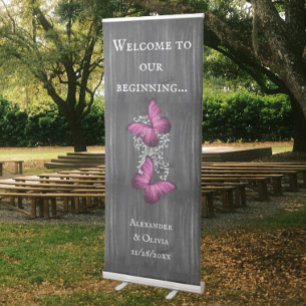 Magenta Rustic Butterfly Wedding Welcome Banner