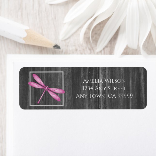 Magenta Rustic Dragonfly Return Address Label (Insitu)
