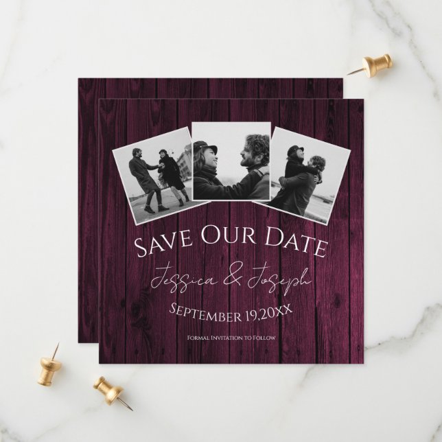 Magenta Rustic Photo Collage Save The Date (Front/Back In Situ)