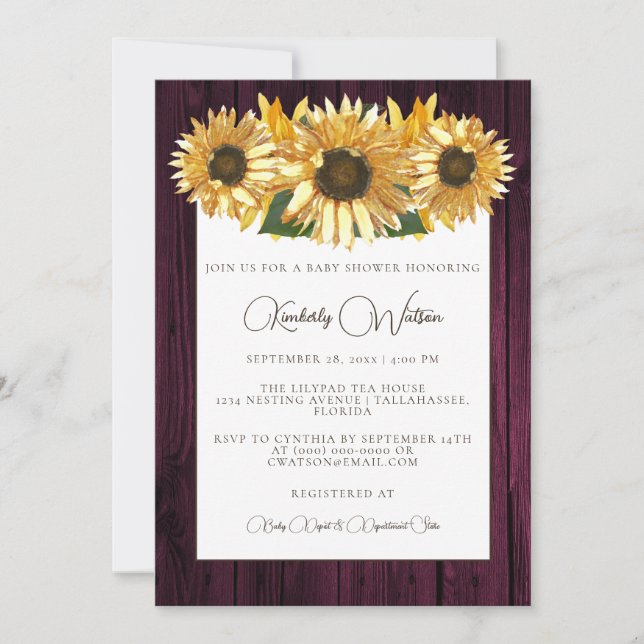 Magenta Rustic Sunflower Baby Shower Invitation (Front)