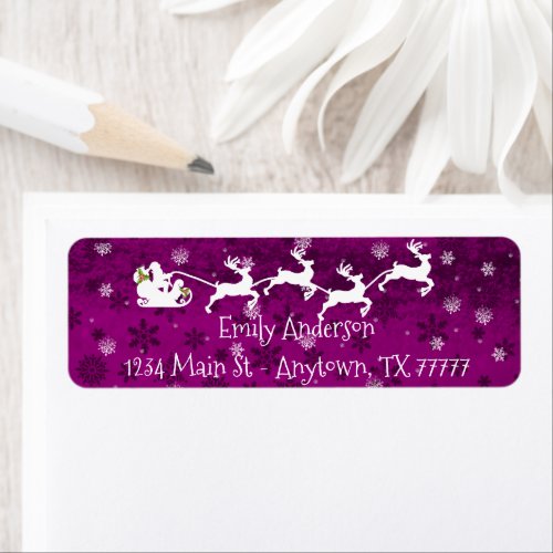Magenta Santas Sleigh and Reindeer Address Label