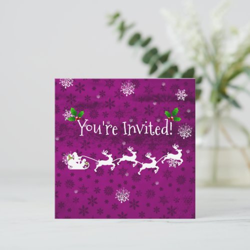 Magenta Santas Sleigh and Reindeer Invitation