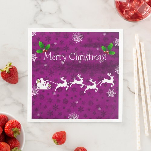 Magenta Santas Sleigh and Reindeer Paper Napkin