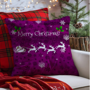 Magenta Santa's Sleigh and Reindeer Throw Pillow