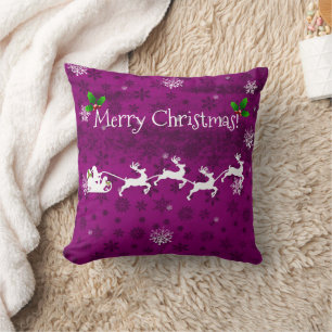 Magenta Santa's Sleigh and Reindeer Throw Pillow