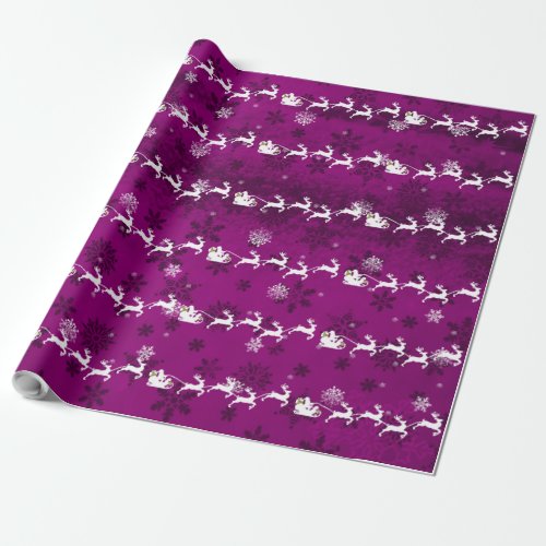 Magenta Santas Sleigh and Reindeer Wrapping Paper
