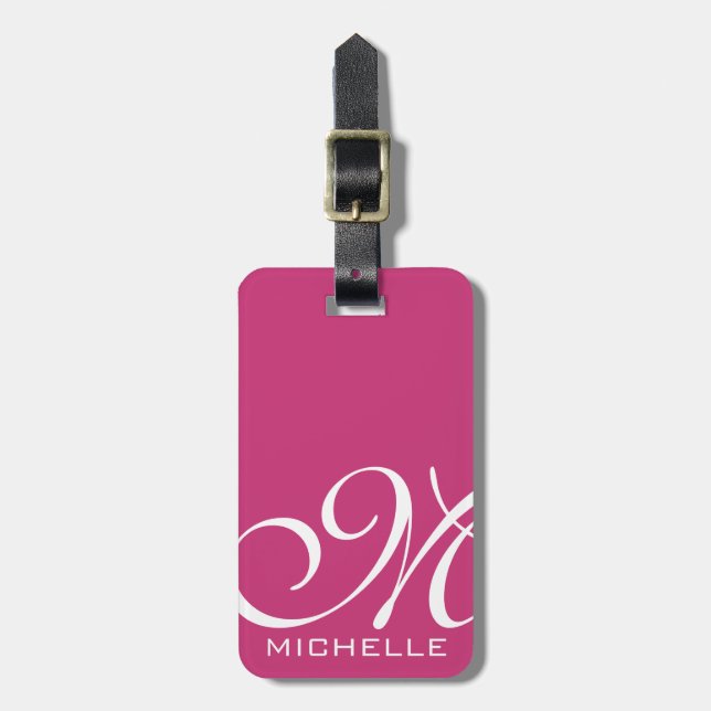 Magenta Script Monogrammed Luggage Tag (Front Vertical)
