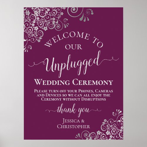 Magenta  Silver Chic Unplugged Wedding Ceremony Poster