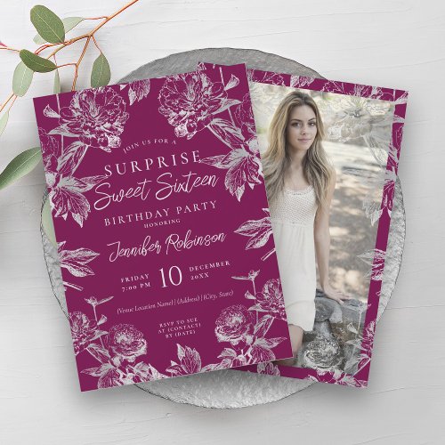 Magenta Silver Floral Photo SURPRISE Sweet 16   Invitation