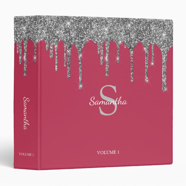 Magenta Silver Glitter Sparkle Drip Monogram Name 3 Ring Binder (Front/Spine)