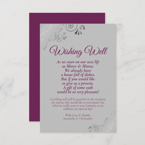 Magenta  Silver Gray Wedding Wishing Well Poem Enclosure Card