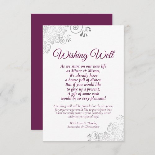 Magenta  Silver White Wedding Wishing Well Poem Enclosure Card
