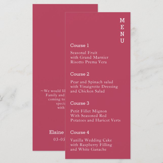 Magenta Simple Modern Wedding   Menu (Front/Back)