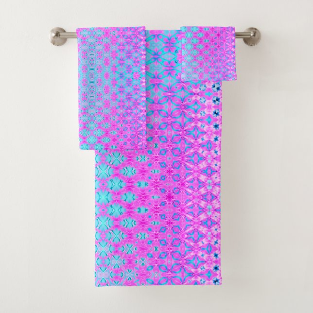 Magenta, Sky Blue, and Navy Retro Geometric Bath Towel Set (Insitu)