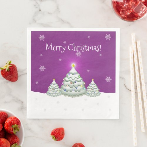 Magenta Snowy Christmas Tree Paper Napkin