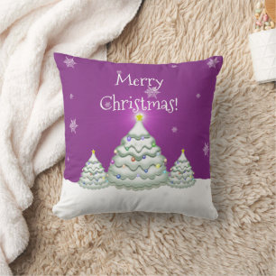 Magenta Snowy Christmas Tree Throw Pillow