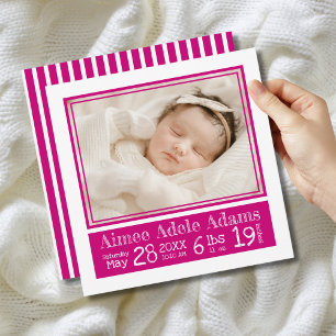 Magenta Stripes Baby Photo Birth Stats Announcement