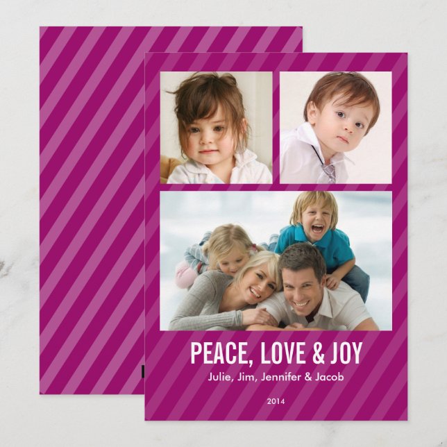 Magenta Stripes Triple Photo Holiday Card (Front/Back)