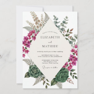 Magenta Succulent Fern Wedding Invitation