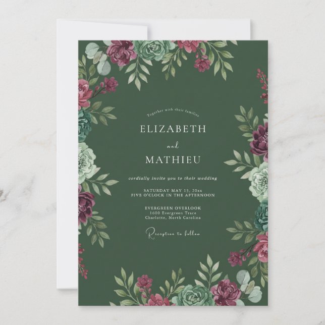 Magenta Succulent Moss Wedding Invitation (Front)