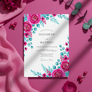 Magenta Teal Watercolor Floral Wedding Invitation