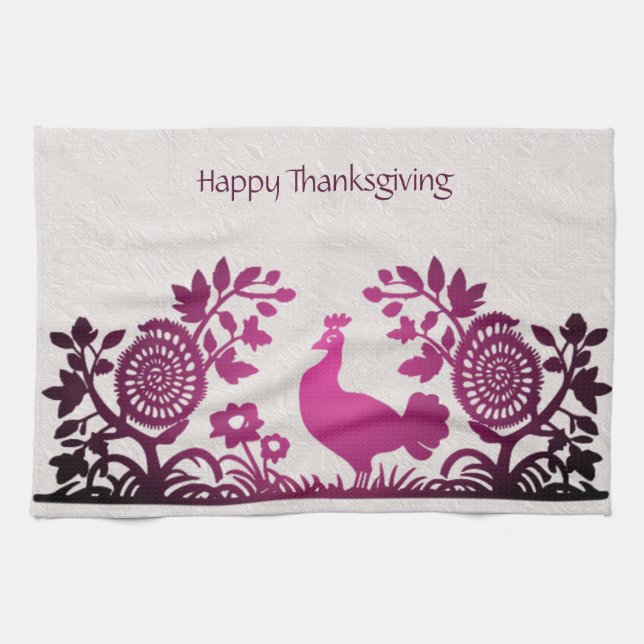 Magenta Thanksgiving Turkey Floral Kitchen Towel (Horizontal)