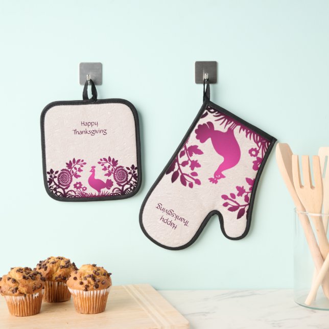 Magenta Thanksgiving Turkey Floral Oven Mitt & Pot Holder Set (Insitu(Hanging))