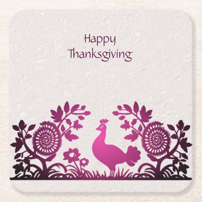 Magenta Thanksgiving Turkey Floral Paper Coaster (Front)