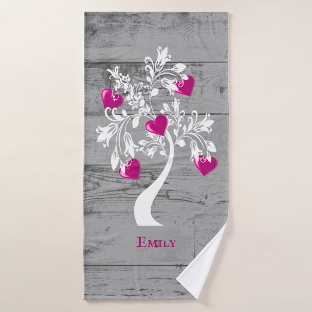 Magenta Tree of Hearts Personalized Bath Towel Set (Bath Towel)