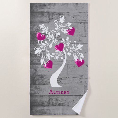 Magenta Tree of Hearts Personalized Beach Towel