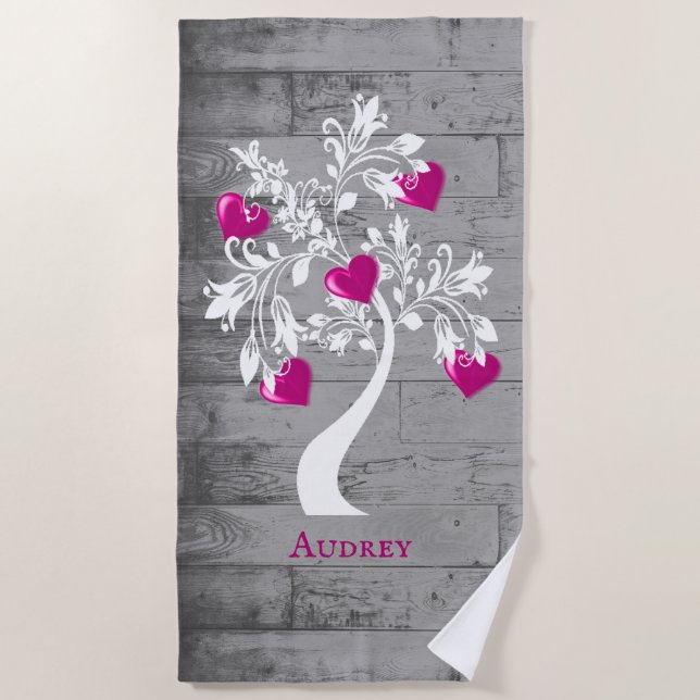 Magenta Tree of Hearts Personalized Beach Towel (Front)