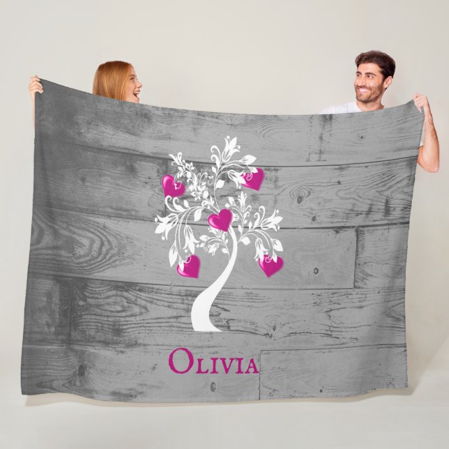 Magenta Tree of Hearts Personalized Fleece Blanket (In Situ)